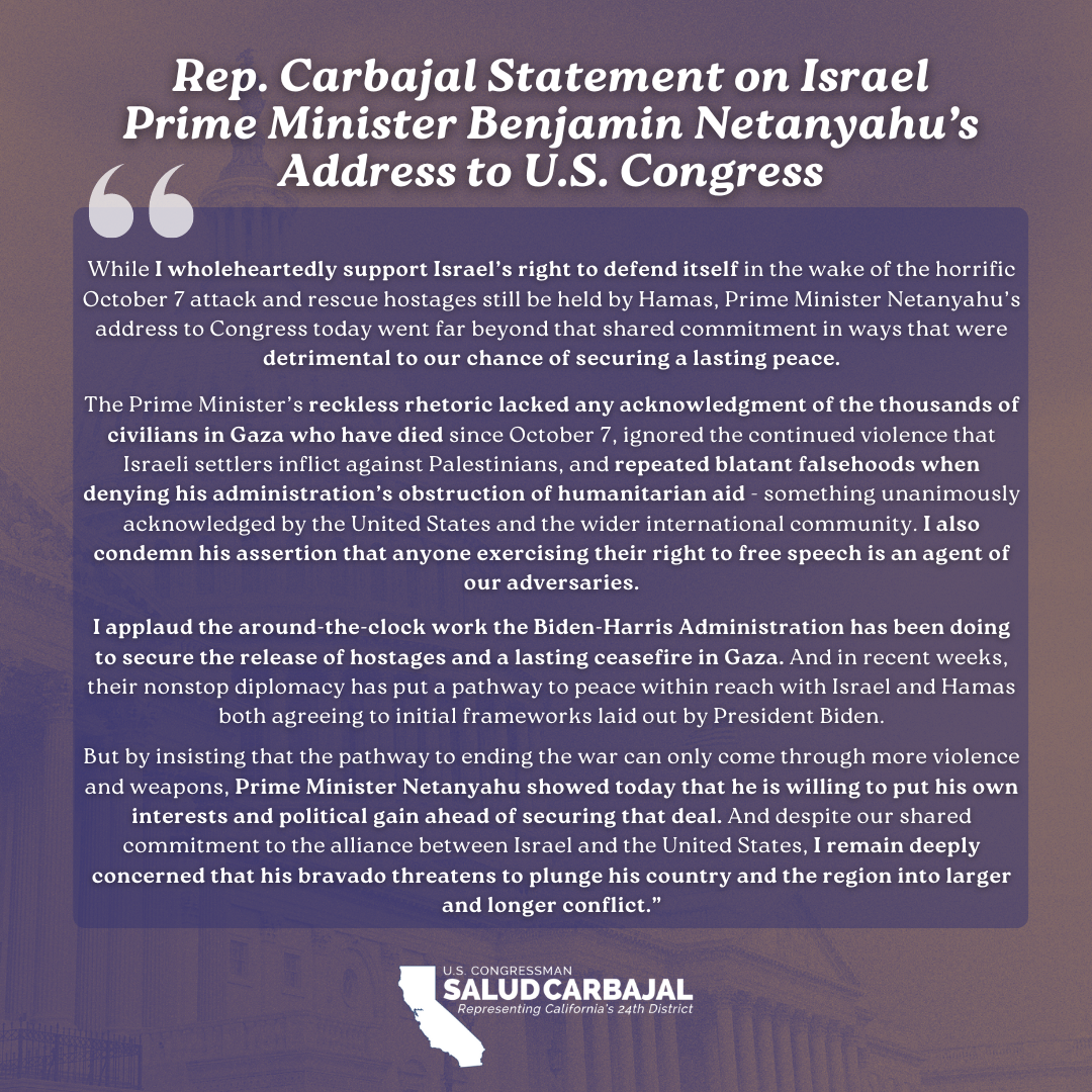 Rep. Carbajal Statement on Israel Prime Minister Benjamin Netanyahu’s Address to U.S. Congress
